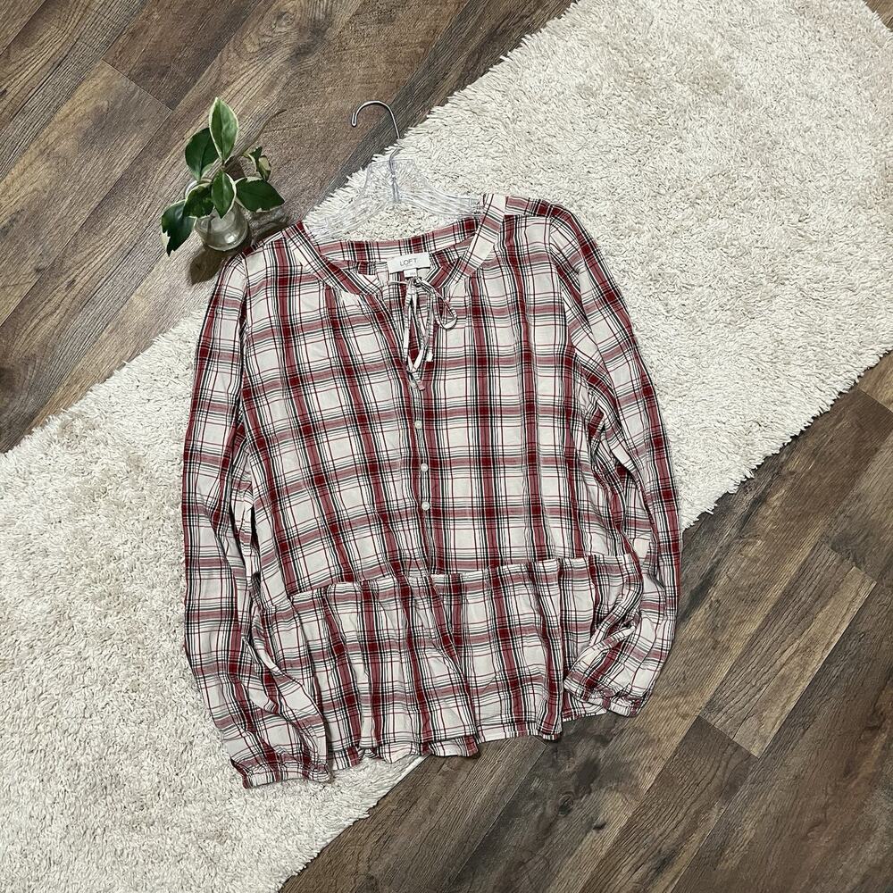 LOFT Size Large Cream Red Plaid Tie Front Keyhole Button Front Peplum Top